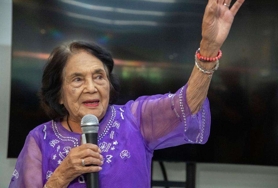 Farm labor activist Dolores Huerta speaks at a ceremony for the unveiling of an exhibit about fellow activist Larry Itliong at the Filipino American National Historic Society's museum in downtown Stockton on Saturday, Oct. 21, 2023.
