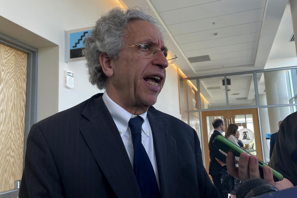 Ken Falk, ACLU of Indiana legal director, speaks with reporters Oct. 14, 2022, in Indianapolis after arguing before a Marion County judge over claims the state's abortion ban violates plaintiff's religious freedoms. (AP Photo/Arleigh Rodgers)