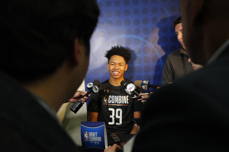 Anfernee Simons talks to the media during the NBA draft combine in Chicago. (Getty Images)