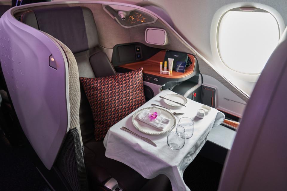 A business class dining seat set up for viewing during the Restaurant A380 @Changi Experience in 2020. (PHOTO: Lauryn Ishak/Bloomberg)