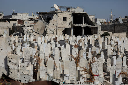 A damaged cemetery is seen from a train traveling through the outskirts of Damascus towards recently opened international fair in Damascus, Syria, September 15, 2018. REUTERS/Marko Djurica