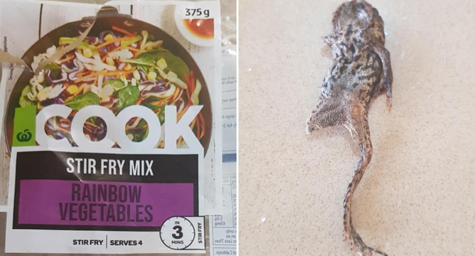 Pictured left is the empty packet of  ‘rainbow vegetable stir fry mix’. Right is the dead frog missing a left leg.