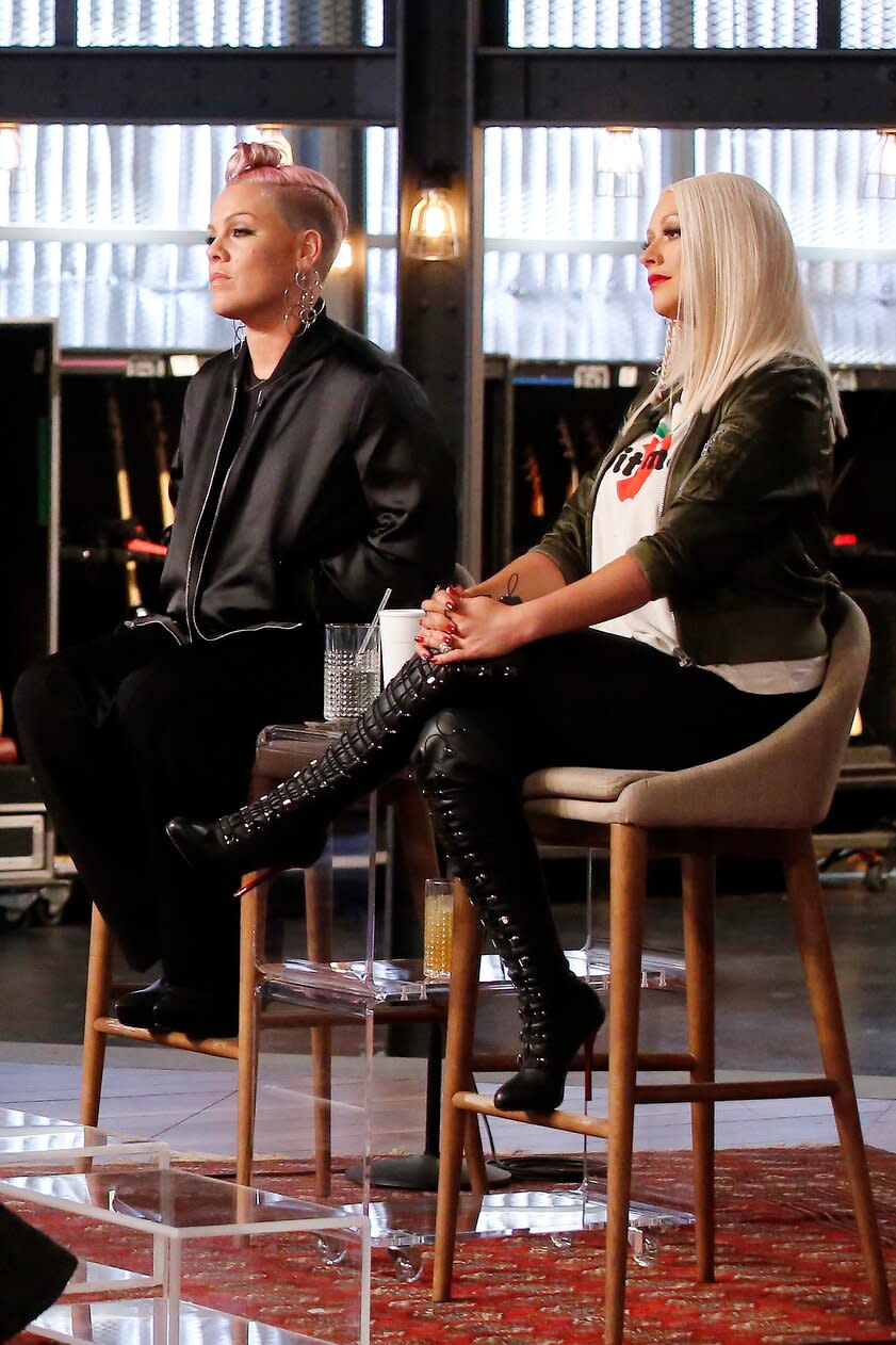 THE VOICE -- "Semi Finals Reality" -- Pictured: (l-r) Alisan Porter, P!nk, Christina Aguilera -- (Photo by: Trae Patton/NBCU Photo Bank/NBCUniversal via Getty Images via Getty Images)