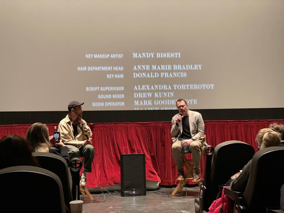 Zack Solomon, left, from the Palm Springs International Film Society, leads a Q&A with "The Whale" screenwriter Samuel Hunter.