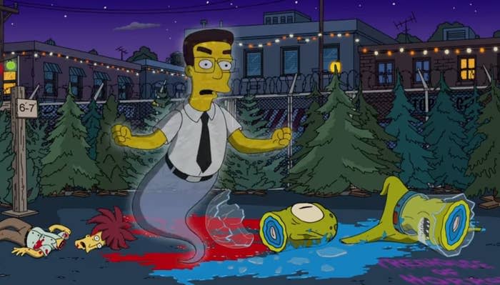 The ghost of Frank Grimes appears in the opening of "Treehouse of Horrors XXVII"