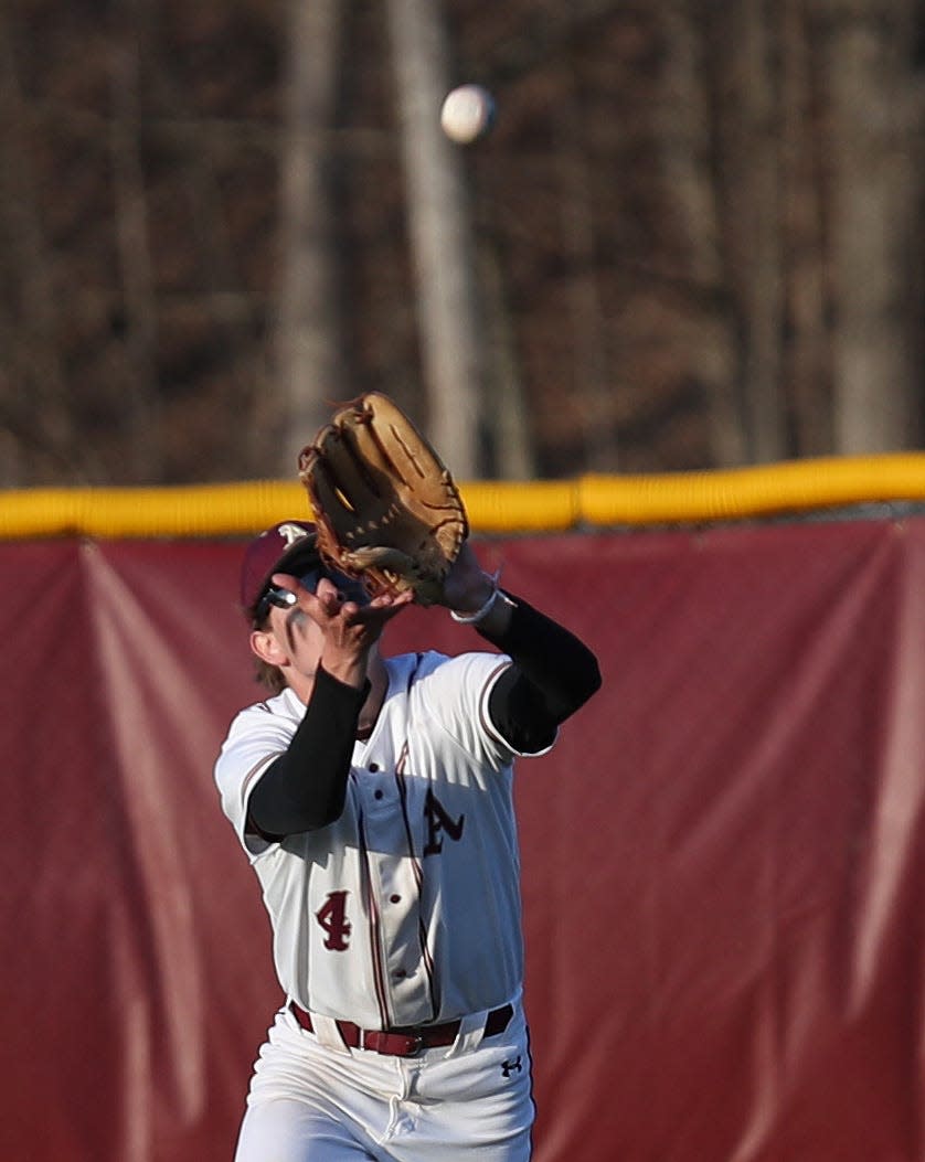 Arlington's Jake Manco, photographed catching a pop up during an April 2022 baseball game, hit a walk-off single that lifted the Admirals in a Section 1 semifinal against Suffern on Wednesday.