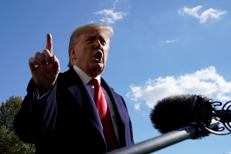 U.S. President Donald Trump speaks to the media on the South Lawn of the White House in Washington upon his return from New York, U.S., November 3, 2019. REUTERS/Yuri Gripas - RC115F43B020