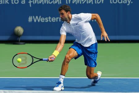 FILE PHOTO - Aug 17, 2017; Mason, OH, USA; Grigor Dimitrov (BUL) returns a shot against Juan Martin del Potro (ARG) during the Western and Southern Open at the Lindner Family Tennis Center. Mandatory Credit: Aaron Doster-USA TODAY Sports