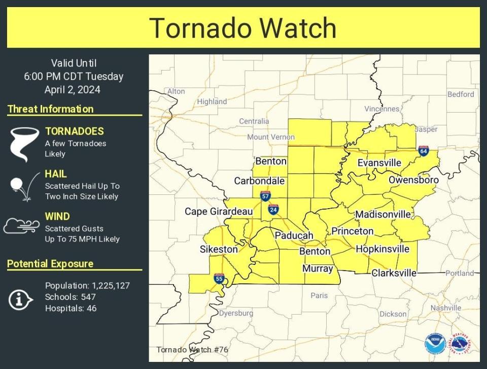 A tornado watch is in effect for the Tri-State until 6 p.m. CDT.