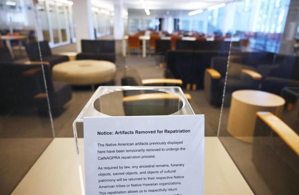 One of four empty cases at the Leon S. Peters Gallery is seen on the second floor of Fresno State’s Library. All four cases featured local Native American basket art until recently removed for the CalNAGPRA repatriation process. Photographed Thursday, June 13, 2024 in Fresno.