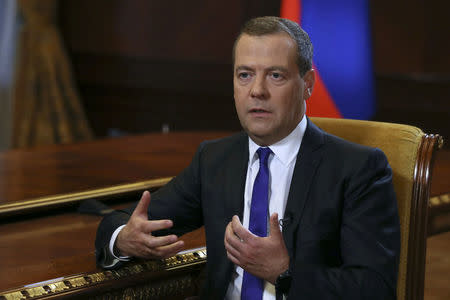 Russian Prime Minister Dmitry Medvedev speaks during an interview with Russia's Kommersant newspaper at the Gorki state residence outside Moscow, Russia August 7, 2018. Sputnik/Ekaterina Shtukina/Pool via REUTERS ATTENTION EDITORS - THIS IMAGE WAS PROVIDED BY A THIRD PARTY.