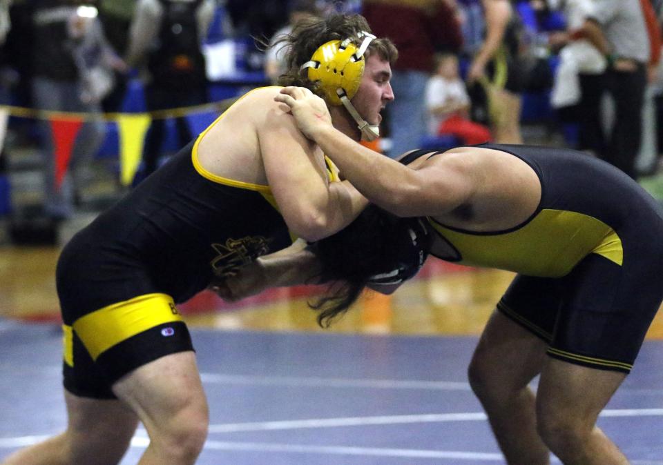 Windsor's Garrett Bidwell, left, beat teammate Gabe Soundararaj in the 215-pound final at the Southern Tier Athletic Conference Wrestling Tournament on Jan. 21, 2023 at Owego Free Academy.