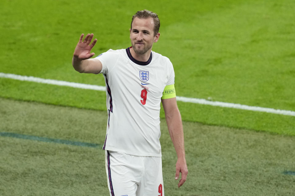 England's Harry Kane waves following the Euro 2020 soccer championship group D match between the Czech Republic and England at Wembley stadium, London, Tuesday, June 22, 2021. (AP Photo/Matt Dunham,Pool)