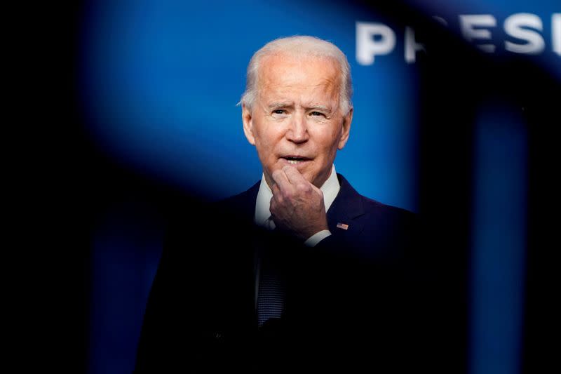 FILE PHOTO: U.S. President-elect Joe Biden arrives at his transition headquarters in Wilmington, Delaware