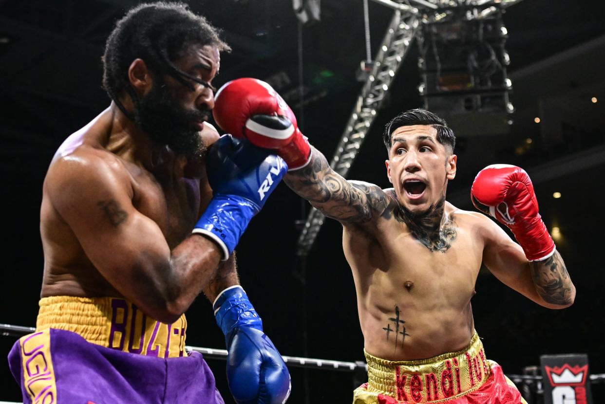 Fernando Vargas Jr. throws a right-handed punch to the face of Brad Solomon during a middleweight fight on March 16 at the Adventist Health Arena in Stockton. Vargas won by knockout in the fourth round.