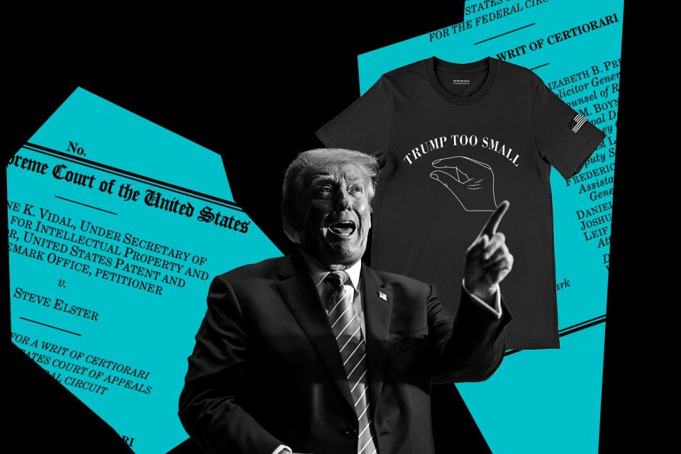 A collage featuring an image of Donald Trump pointing and exclaiming, court documents from Vidal V. Elster, and a T-shirt with the slogan "Trump Too Small" written on it, alongside a hand making a "too small" gesture.