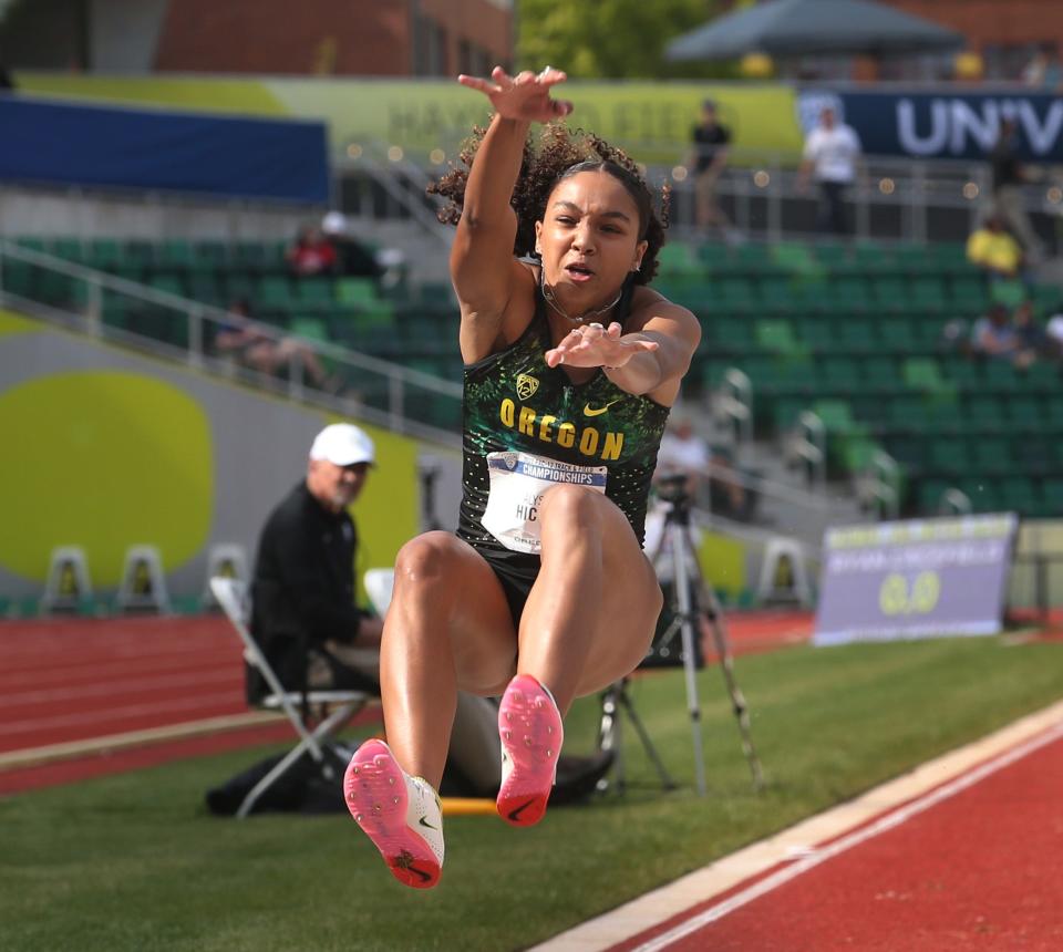 Oregon's Alysah Hickey competes in the women's long jump on her way to victory during the Pac-12 Track & Field Championships at Hayward Field in Eugene May 14, 2022.