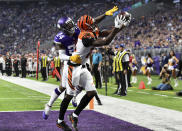 <p>Minnesota Vikings defensive back Tramaine Brock (24) breaks up a pass intended for Cincinnati Bengals wide receiver A.J. Green during the second half of an NFL football game, Sunday, Dec. 17, 2017, in Minneapolis. The Vikings won 34-7. (AP Photo/John Autey) </p>