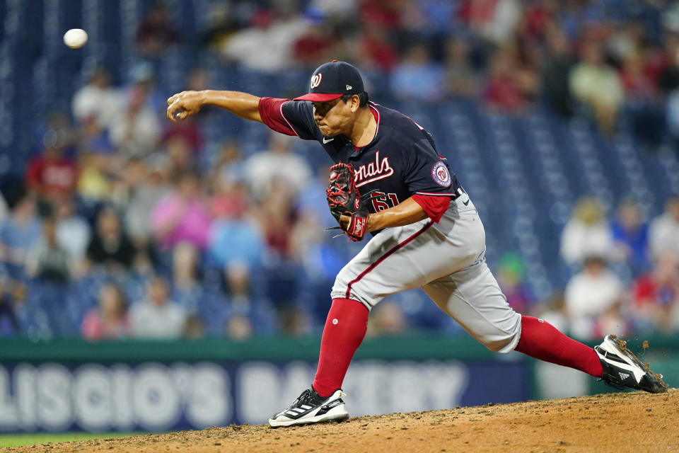 Washington Nationals' Erasmo Ramirez pitches during the fifth inning of a baseball game against the Philadelphia Phillies, Tuesday, July 5, 2022, in Philadelphia. (AP Photo/Matt Slocum)