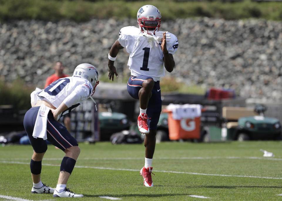 New England Patriots wide receiver Antonio Brown (1) works out near wide receiver Gunner Olszewski, left, during an NFL football practice, Wednesday, Sept. 11, 2019, in Foxborough, Mass. Brown practiced with the team for the first time on Wednesday afternoon, a day after his former trainer filed a civil lawsuit in the Southern District of Florida accusing him of sexually assaulting her on three occasions. (AP Photo/Steven Senne)