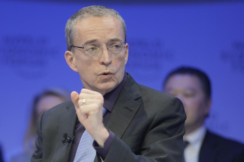 Pat Gelsinger, CEO of Intel Corporation, participates in a panel discussion at the World Economic Forum annual meeting in Davos, Switzerland, Wednesday, Jan. 17, 2024. The World Economic Forum annual meeting will be held in Davos on Jan. 17 January 2024. From January 15 to 19, 2024. (AP Photo/Markus Schreiber)