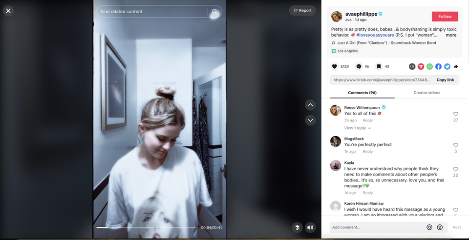 Ava Phillippe calls out bodyshamers in TikTok. Screengrab from Ava Phillippe's TikTok page