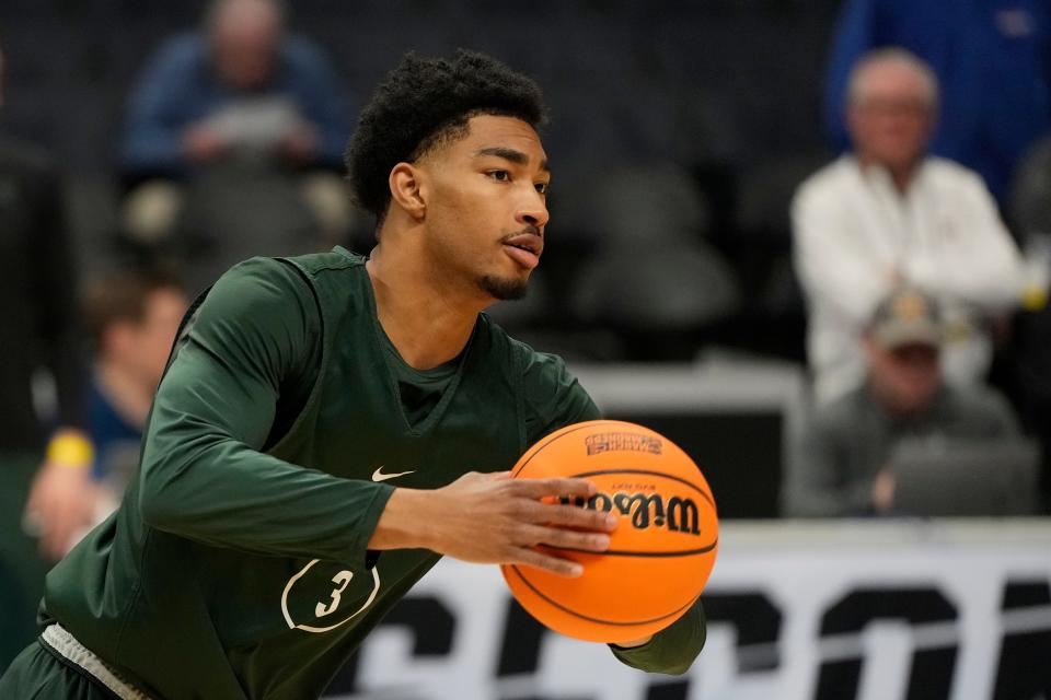 Michigan State Spartans guard Jaden Akins (3) during practice at Spectrum Center on Wednesday, March 20, 2024, in Charlotte, North Carolina.