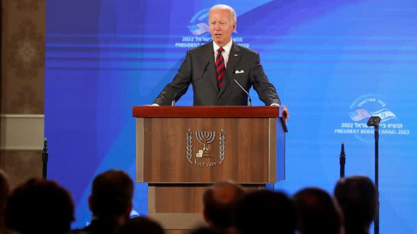 PHOTO: President Joe Biden speaks during a news conference with Israeli Prime Minister Yair Lapid at Waldorf Astoria Hotel in Jerusalem, Israel July 14, 2022. (Atef Safadi/Pool via REUTERS)