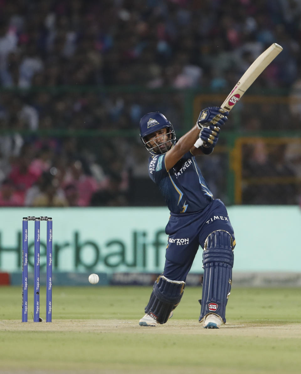 Gujarat Titans' Wriddhiman Saha bats during the Indian Premier League (IPL)cricket match between Rajasthan Royals and Gujarat Titans in Jaipur, India, Friday, May 5, 2023. (AP Photo/Surjeet Yadav)