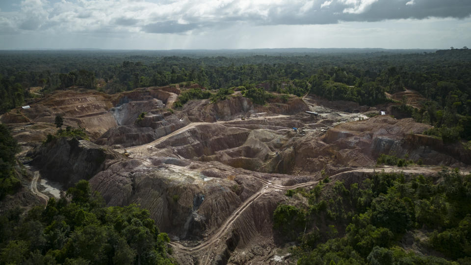 An aerial view of the Tassawini gold mining operation, in Chinese Landing, Guyana, Monday, April 17, 2023. The mining operation spans 3,400 acres or 1,380 hectares. (AP Photo/Matias Delacroix)