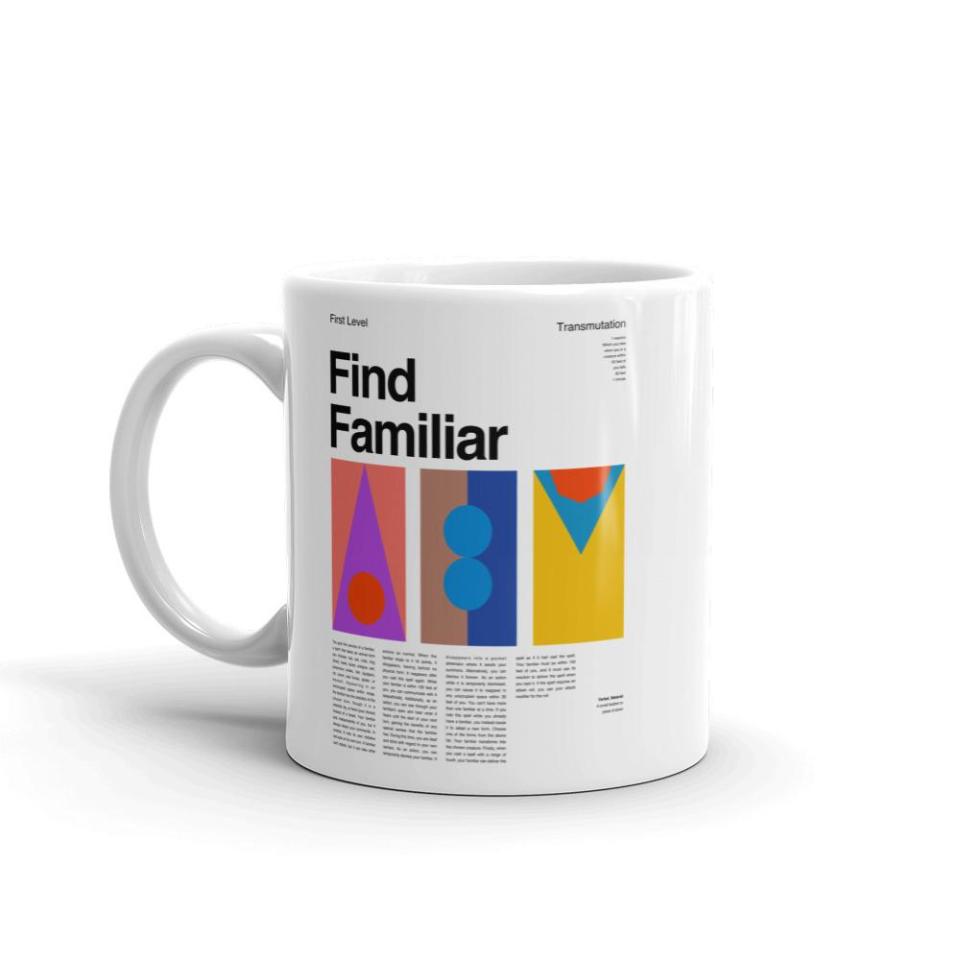 A Dungeons and Dragons mug showcasing the spell "Find Familiar"