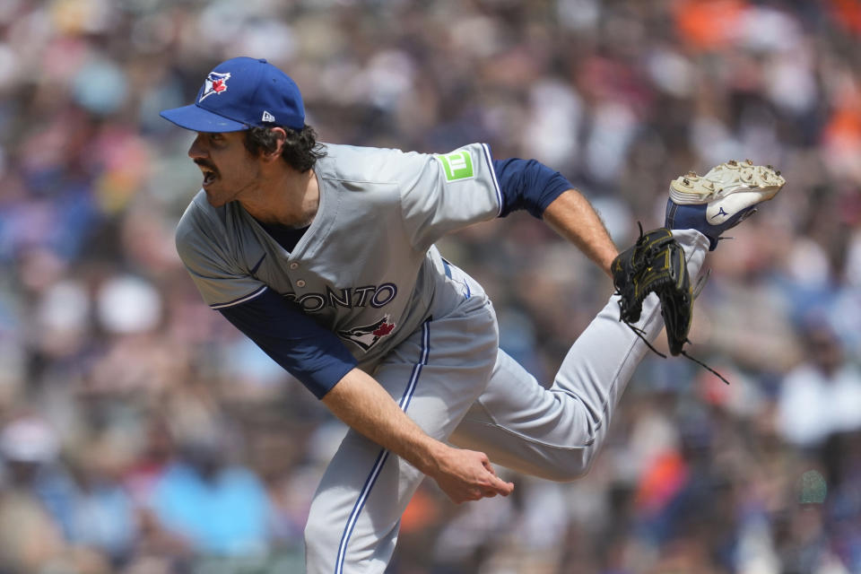 Toronto Blue Jays pitcher Jordan Romano throws against the Detroit Tigers in the eighth inning of a baseball game, Saturday, May 25, 2024, in Detroit. (AP Photo/Paul Sancya)