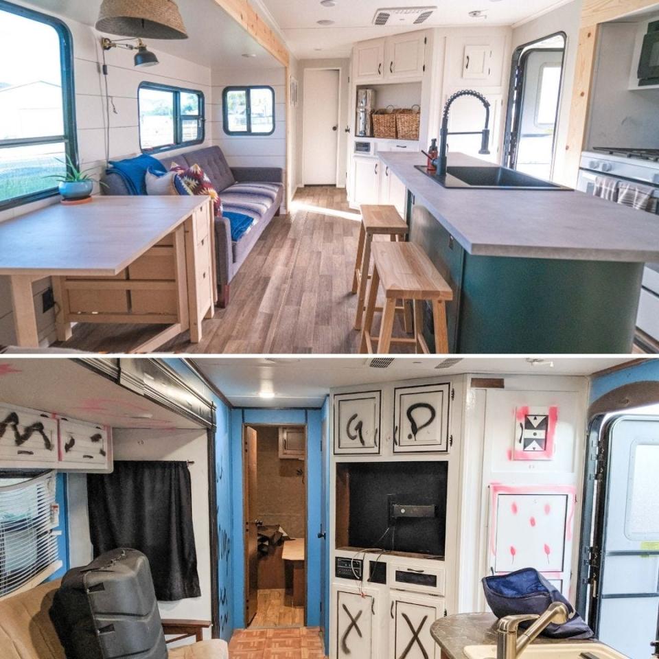 Tilbys RV Reno before and after - Copyright: Sie kauften ein völlig heruntergekommenes Wohnmobil, das Renee als "ekelhaft" bezeichnete, um es selbst zu renovieren, nur weil ihnen der Schnitt so gut gefiel. (Das untere Foto zeigt das Wohnmobil vor der Renovierung; das obere Foto wurde danach aufgenommen.)