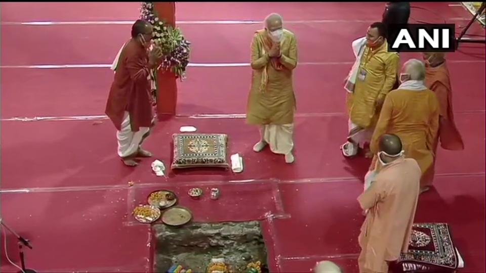 Indian Prime Minister Narendra Modi performs rituals during the groundbreaking ceremony of a temple dedicated to the Hindu god Ram, in Ayodhya, India, Wednesday, Aug. 5, 2020.