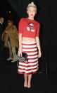 <b>Miley Cyrus </b><br><br>The former Disney star wore a cropped Mickey Mouse jumper and striped skirt for the Marc Jacobs show.<br><br>Image © Rex