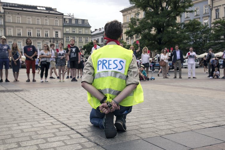 <span class="caption">Polish journalists have been muzzled by restrictions of freedom of the press including libel actions. Here, a man demonstrates against this in Crakow, Poland.</span> <span class="attribution"><span class="source">Bogdan Khmelnytskyi/Shutterstock</span></span>