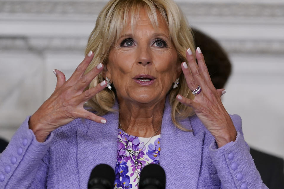 First lady Jill Biden speaks during an event for the Class of 2022 National Student Poets at the White House in Washington Tuesday, Sept. 27, 2022. (AP Photo/Carolyn Kaster)