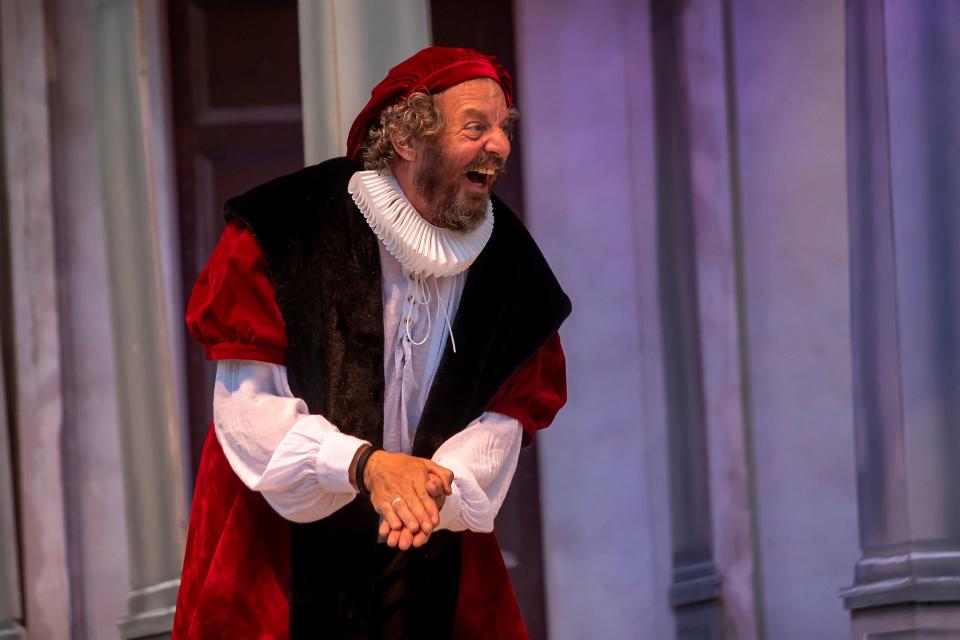 Southern Shakespeare onstage moment with actor Phil Croton (a cast member of "Complete Works") in "Much Ado About Nothing," in 2022, directed by James Bond.