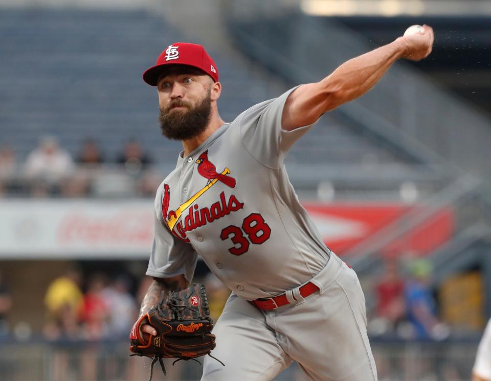 St. Louis Cardinals starting pitcher Drew Rom (38) delivers a pitch in his major league debut against the Pittsburgh Pirates during the first inning at PNC Park Monday.