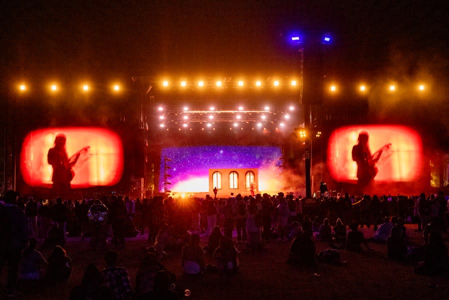 INDIO, CALIFORNIA – APRIL 14: (FOR EDITORIAL USE ONLY) Mark Speer, Laura Lee, and DJ Johnson of Khruangbin perform at the Outdoor Theatre performs onstage at the 2024 Coachella Valley Music and Arts Festival at Empire Polo Club on April 14, 2024 in Indio, California. (Photo by Emma McIntyre/Getty Images for Coachella)