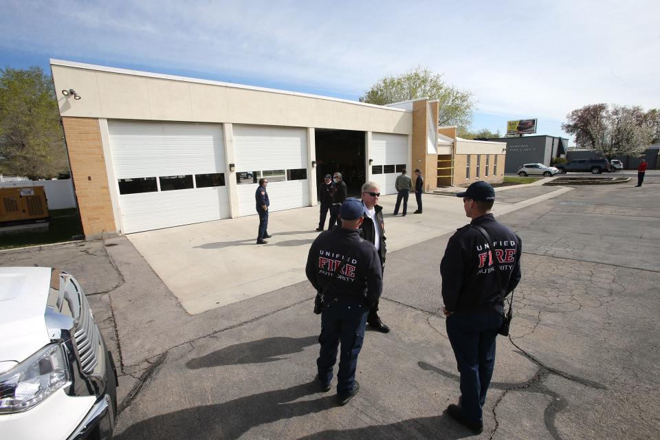 Unified Fire Authority firefighters stand outside Station 102&nbsp;in Magna on April 17, 2020. 