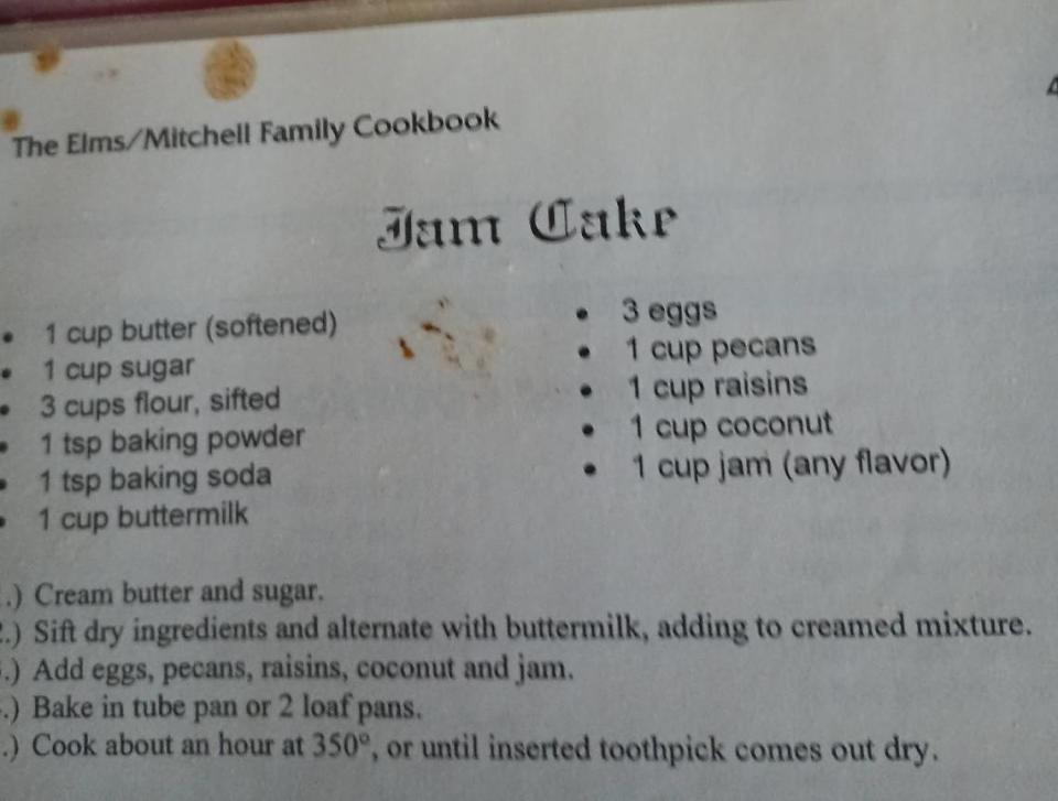 The Elms/Mitchell family Jam Cake recipe submitted to The News & Observer by Elena Elms of Chapel Hill.