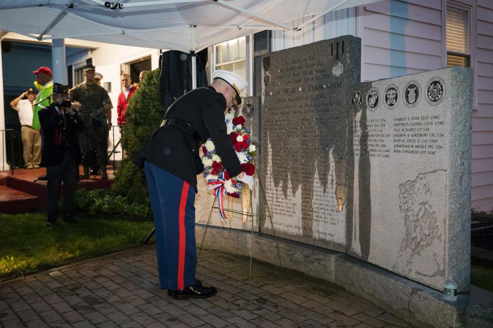 The Hamptons American Legion Post 35 holds its annual Global War on Terrorism monument ceremony Monday, Sept. 11, 2023. The monument has the names engraved of all the service members from New Hampshire who have lost their lives in the GWOT since Sept. 11, 2001.