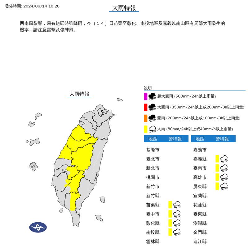 氣象署針對8縣市發布大雨特報。（圖／氣象署）