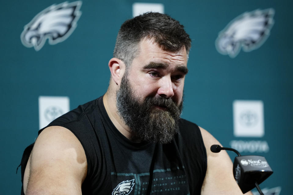 Philadelphia Eagles' Jason Kelce speaks during an NFL football press conference announcing his retirement in Philadelphia, Monday, March 4, 2024. (AP Photo/Matt Rourke)