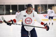 Washington Capitals left wing Alex Ovechkin (8), of Russia, skates at an NHL hockey training camp, Thursday, Sept. 22, 2022, in Arlington, Va. (AP Photo/Nick Wass)