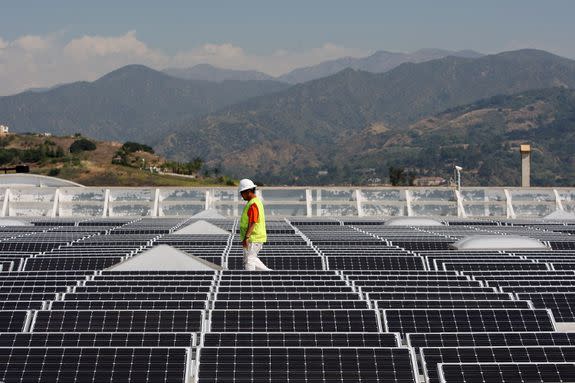 Solar panels cover the roof of a Sam's Club store in Glendora, California.