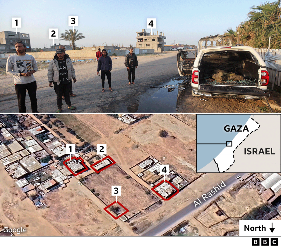 A photo of a second heavily damaged vehicle, where features - including trees and distinctive buildings are circled and compared with a satellite image of the same road