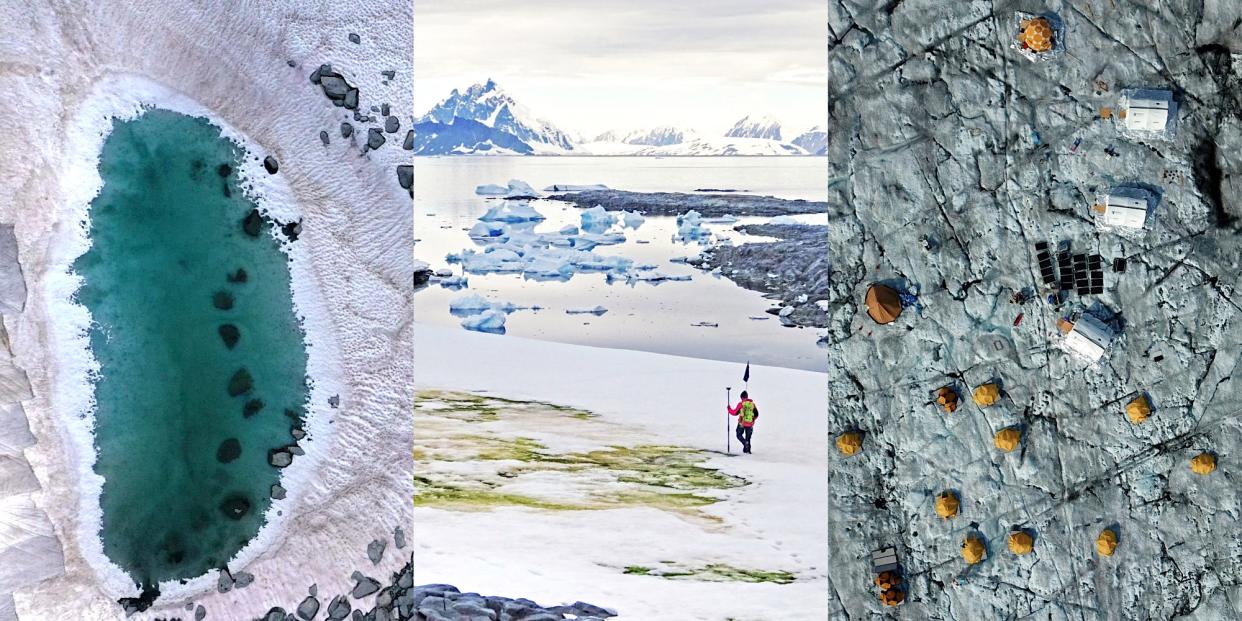 pink snow surrounding a blue lake on the left beside man trekking through green snow in the middle and a camp set up on dark grey ice on the right