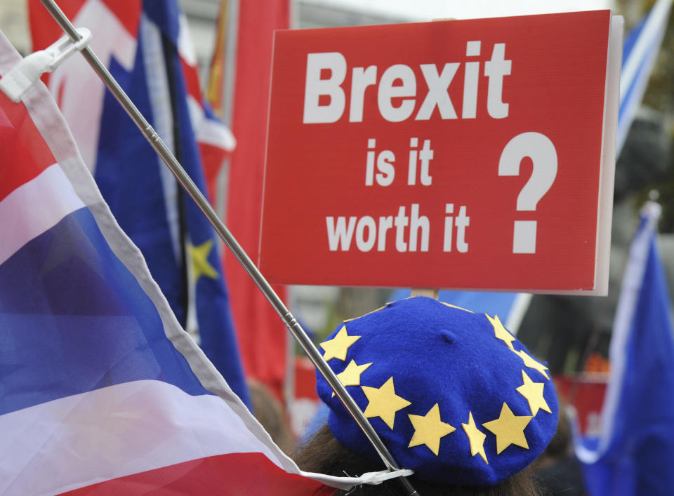 <p> Demonstrators protest against Brexit as the governing Conservative Party start their annual four-day party conference in Birmingham, England, Sunday Sept 30, 2018. The lack of party unity over Brexit seems set to cause trouble for Prime Minister Theresa May. (AP Photo/Rui Vieira) </p>